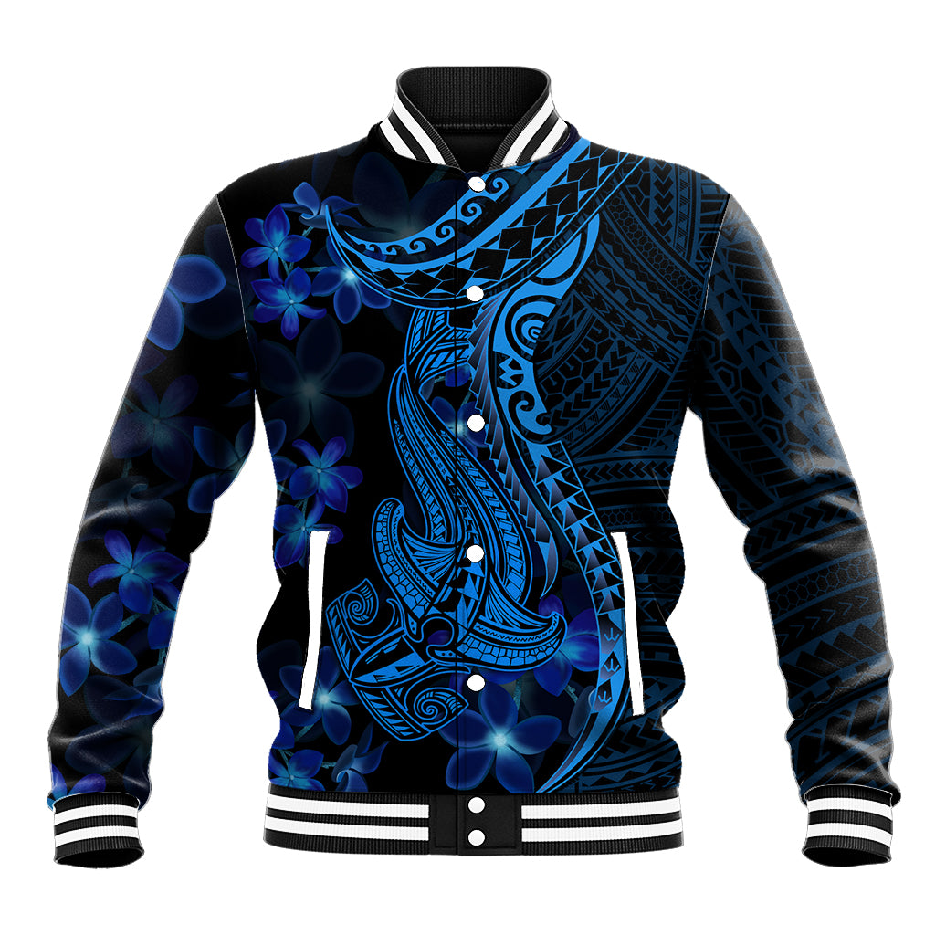 Blue Polynesia Shark Tattoo Baseball Jacket With Polynesian Plumeria LT14 Unisex Blue - Polynesian Pride