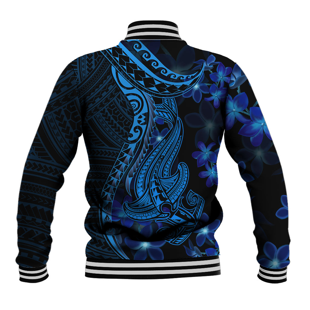 Blue Polynesia Shark Tattoo Baseball Jacket With Polynesian Plumeria LT14 - Polynesian Pride