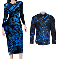 Blue Polynesia Shark Tattoo Couples Matching Long Sleeve Bodycon Dress and Long Sleeve Button Shirt With Polynesian Plumeria LT14 Blue - Polynesian Pride