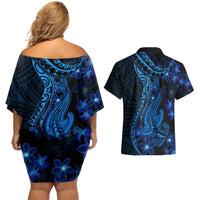 Blue Polynesia Shark Tattoo Couples Matching Off Shoulder Short Dress and Hawaiian Shirt With Polynesian Plumeria LT14 - Polynesian Pride