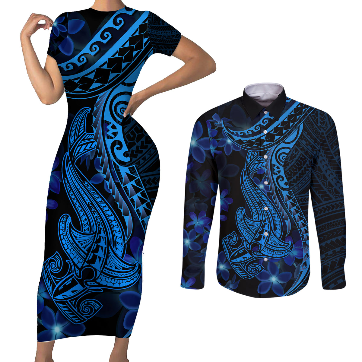 Blue Polynesia Shark Tattoo Couples Matching Short Sleeve Bodycon Dress and Long Sleeve Button Shirt With Polynesian Plumeria LT14 Blue - Polynesian Pride