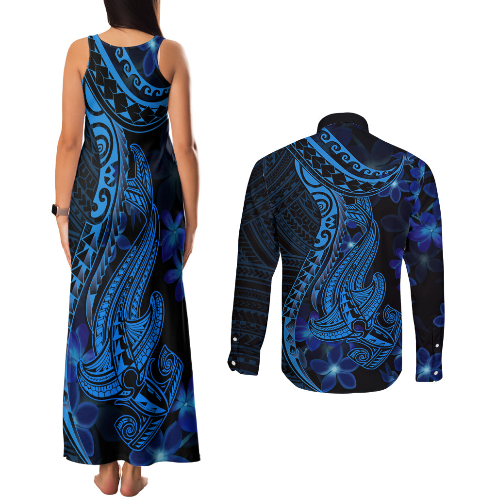 Blue Polynesia Shark Tattoo Couples Matching Tank Maxi Dress and Long Sleeve Button Shirt With Polynesian Plumeria LT14 - Polynesian Pride
