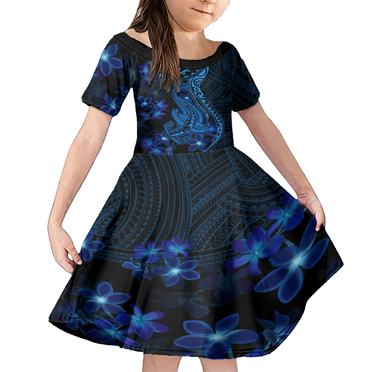 Blue Polynesia Shark Tattoo Family Matching Off Shoulder Long Sleeve Dress and Hawaiian Shirt With Polynesian Plumeria LT14 Daughter's Dress Blue - Polynesian Pride
