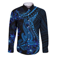 Blue Polynesia Shark Tattoo Family Matching Off Shoulder Maxi Dress and Hawaiian Shirt With Polynesian Plumeria LT14 Dad's Shirt - Long Sleeve Blue - Polynesian Pride