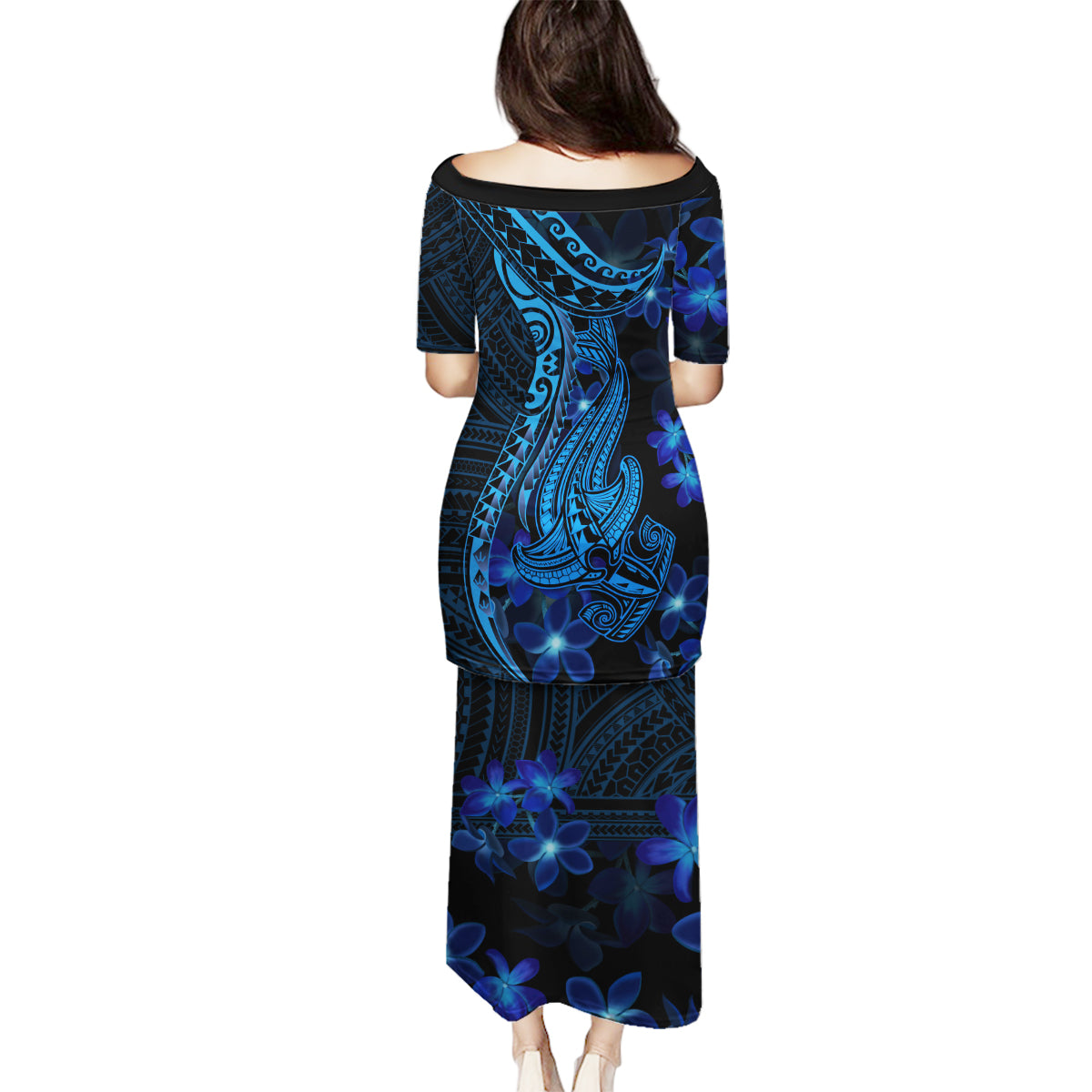 Blue Polynesia Shark Tattoo Family Matching Puletasi Dress and Hawaiian Shirt With Polynesian Plumeria LT14 - Polynesian Pride
