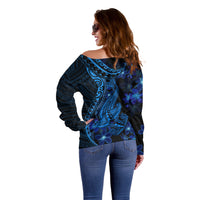 Blue Polynesia Shark Tattoo Off Shoulder Sweater With Polynesian Plumeria LT14 - Polynesian Pride