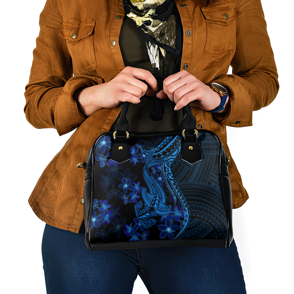 Blue Polynesia Shark Tattoo Shoulder Handbag With Polynesian Plumeria LT14 - Polynesian Pride
