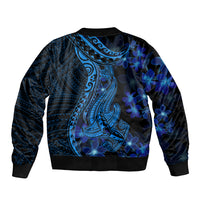 Blue Polynesia Shark Tattoo Sleeve Zip Bomber Jacket With Polynesian Plumeria LT14 - Polynesian Pride