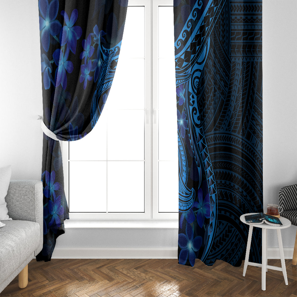 Blue Polynesia Shark Tattoo Window Curtain With Polynesian Plumeria LT14 - Polynesian Pride