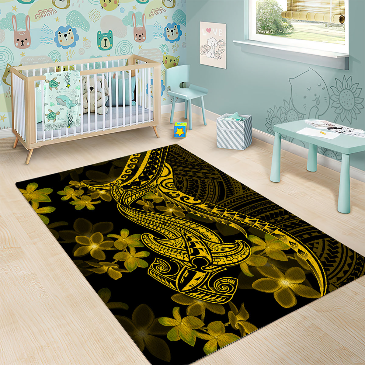 Gold Polynesia Shark Tattoo Area Rug With Polynesian Plumeria LT14 - Polynesian Pride