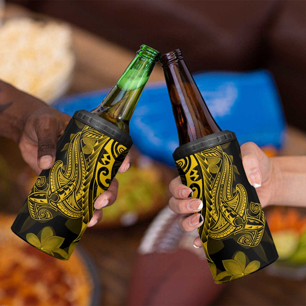 Gold Polynesia Shark Tattoo 4 in 1 Can Cooler Tumbler With Polynesian Plumeria