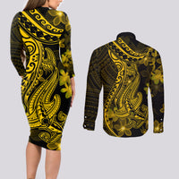 Gold Polynesia Shark Tattoo Couples Matching Long Sleeve Bodycon Dress and Long Sleeve Button Shirt With Polynesian Plumeria LT14 - Polynesian Pride