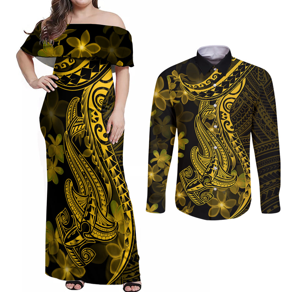 Gold Polynesia Shark Tattoo Couples Matching Off Shoulder Maxi Dress and Long Sleeve Button Shirt With Polynesian Plumeria LT14 Gold - Polynesian Pride