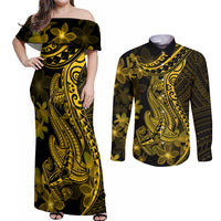 Gold Polynesia Shark Tattoo Couples Matching Off Shoulder Maxi Dress and Long Sleeve Button Shirt With Polynesian Plumeria LT14 Gold - Polynesian Pride
