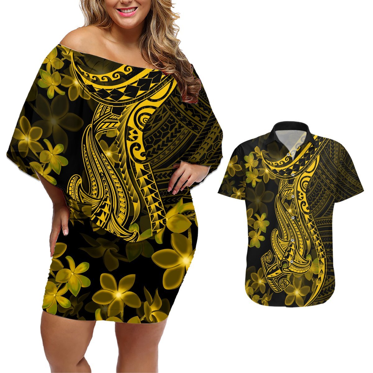 Gold Polynesia Shark Tattoo Couples Matching Off Shoulder Short Dress and Hawaiian Shirt With Polynesian Plumeria LT14 Gold - Polynesian Pride