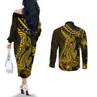 Gold Polynesia Shark Tattoo Couples Matching Off The Shoulder Long Sleeve Dress and Long Sleeve Button Shirt With Polynesian Plumeria LT14 - Polynesian Pride