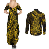 Gold Polynesia Shark Tattoo Couples Matching Summer Maxi Dress and Long Sleeve Button Shirt With Polynesian Plumeria LT14 - Polynesian Pride