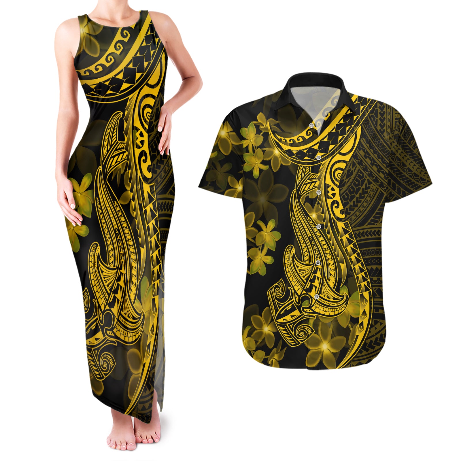 Gold Polynesia Shark Tattoo Couples Matching Tank Maxi Dress and Hawaiian Shirt With Polynesian Plumeria LT14 Gold - Polynesian Pride