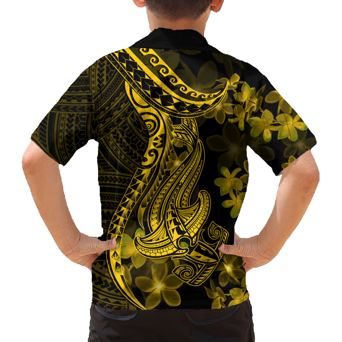 Gold Polynesia Shark Tattoo Family Matching Long Sleeve Bodycon Dress and Hawaiian Shirt With Polynesian Plumeria LT14 - Polynesian Pride