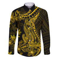 Gold Polynesia Shark Tattoo Family Matching Off Shoulder Short Dress and Hawaiian Shirt With Polynesian Plumeria LT14 Dad's Shirt - Long Sleeve Gold - Polynesian Pride