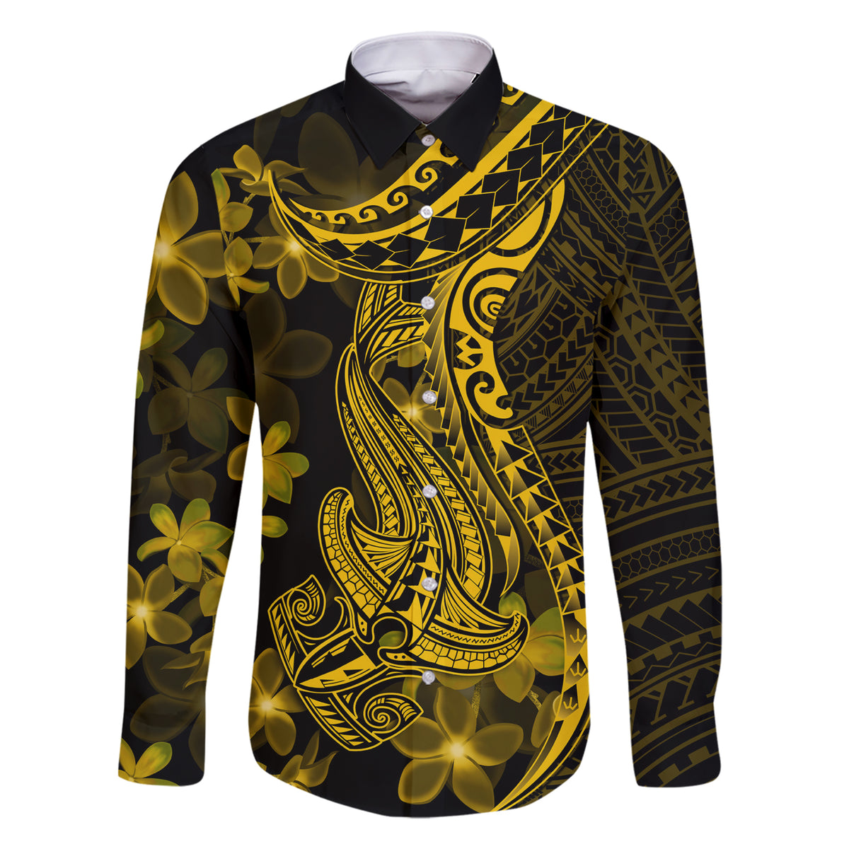 Gold Polynesia Shark Tattoo Family Matching Short Sleeve Bodycon Dress and Hawaiian Shirt With Polynesian Plumeria LT14 Dad's Shirt - Long Sleeve Gold - Polynesian Pride