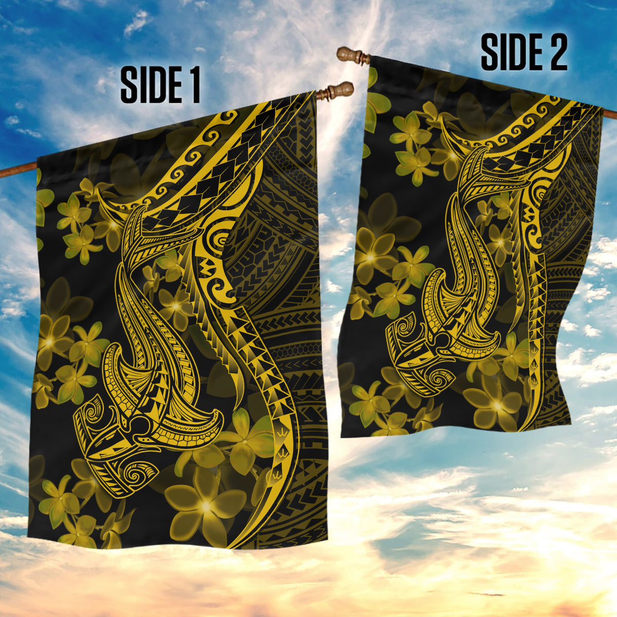 Gold Polynesia Shark Tattoo Garden Flag With Polynesian Plumeria LT14 - Polynesian Pride