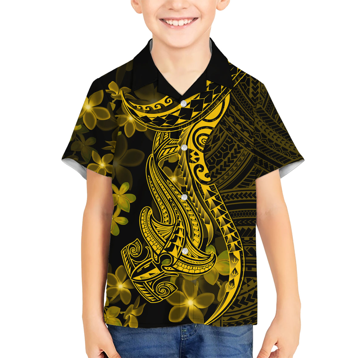 Gold Polynesia Shark Tattoo Kid Hawaiian Shirt With Polynesian Plumeria LT14 Kid Gold - Polynesian Pride
