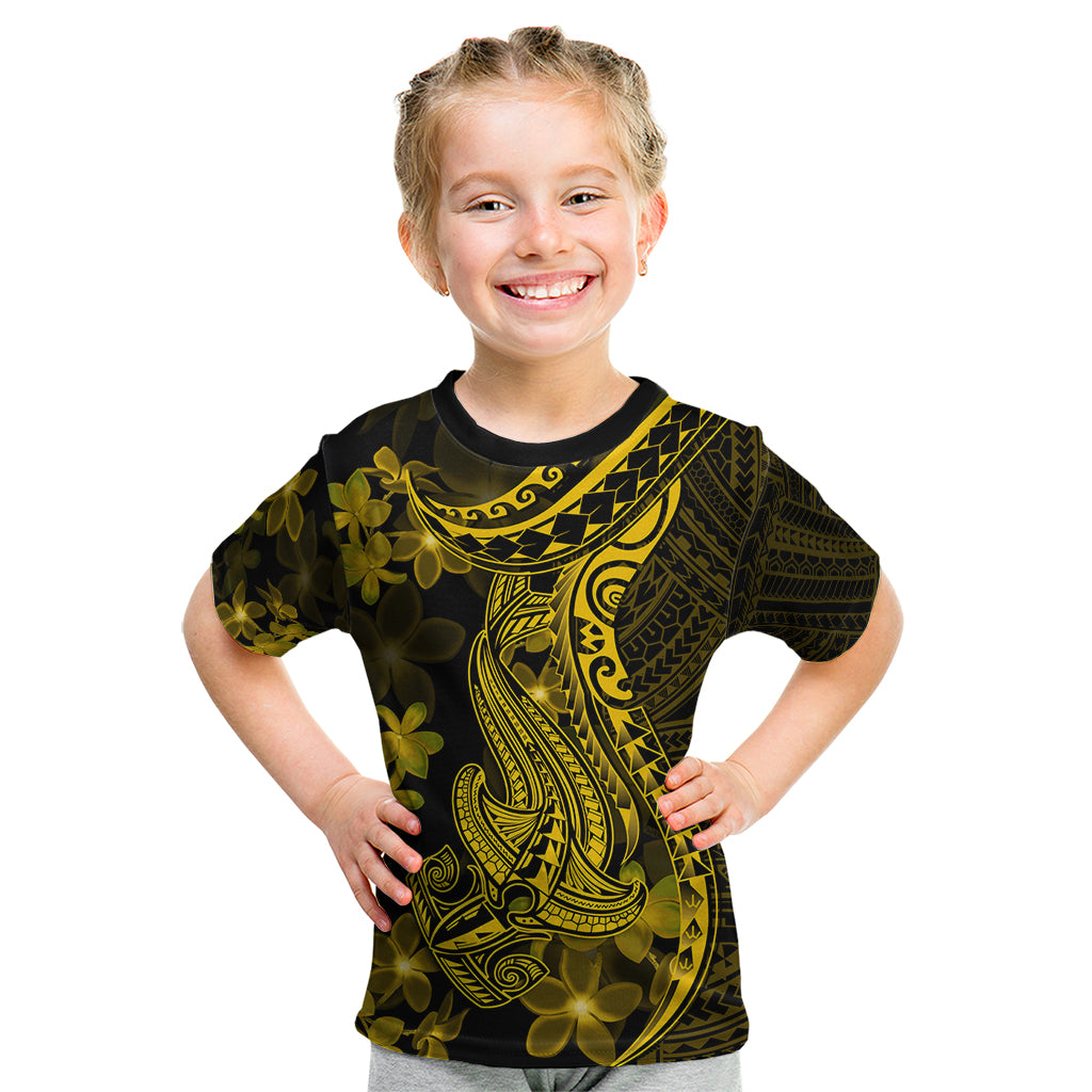 Gold Polynesia Shark Tattoo Kid T Shirt With Polynesian Plumeria LT14 Gold - Polynesian Pride