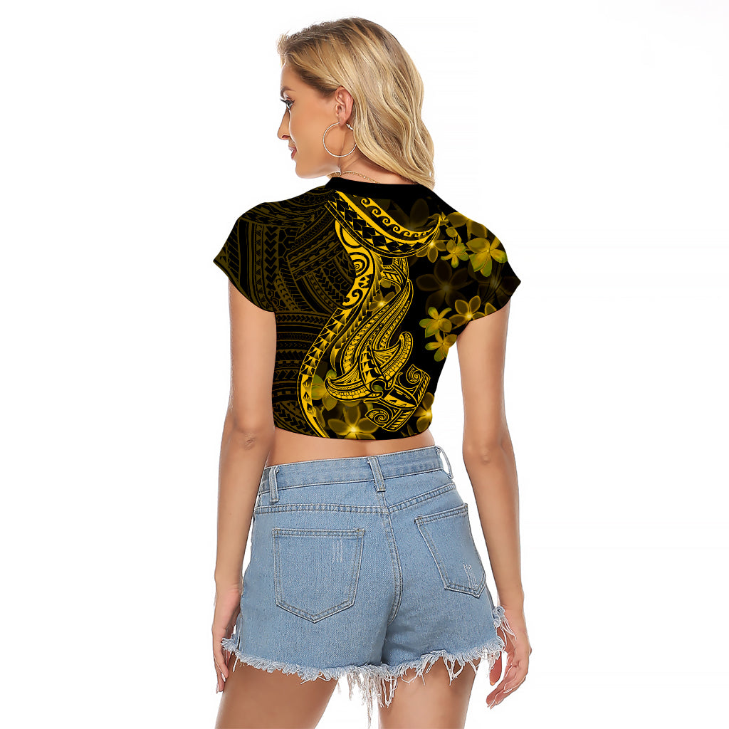 Gold Polynesia Shark Tattoo Raglan Cropped T Shirt With Polynesian Plumeria LT14 - Polynesian Pride