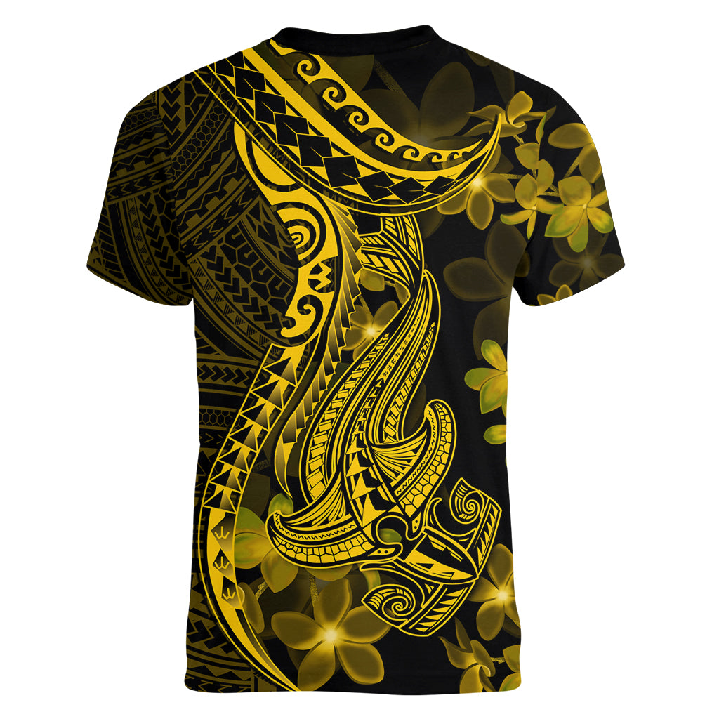 Gold Polynesia Shark Tattoo Women V Neck T Shirt With Polynesian Plumeria LT14 - Polynesian Pride