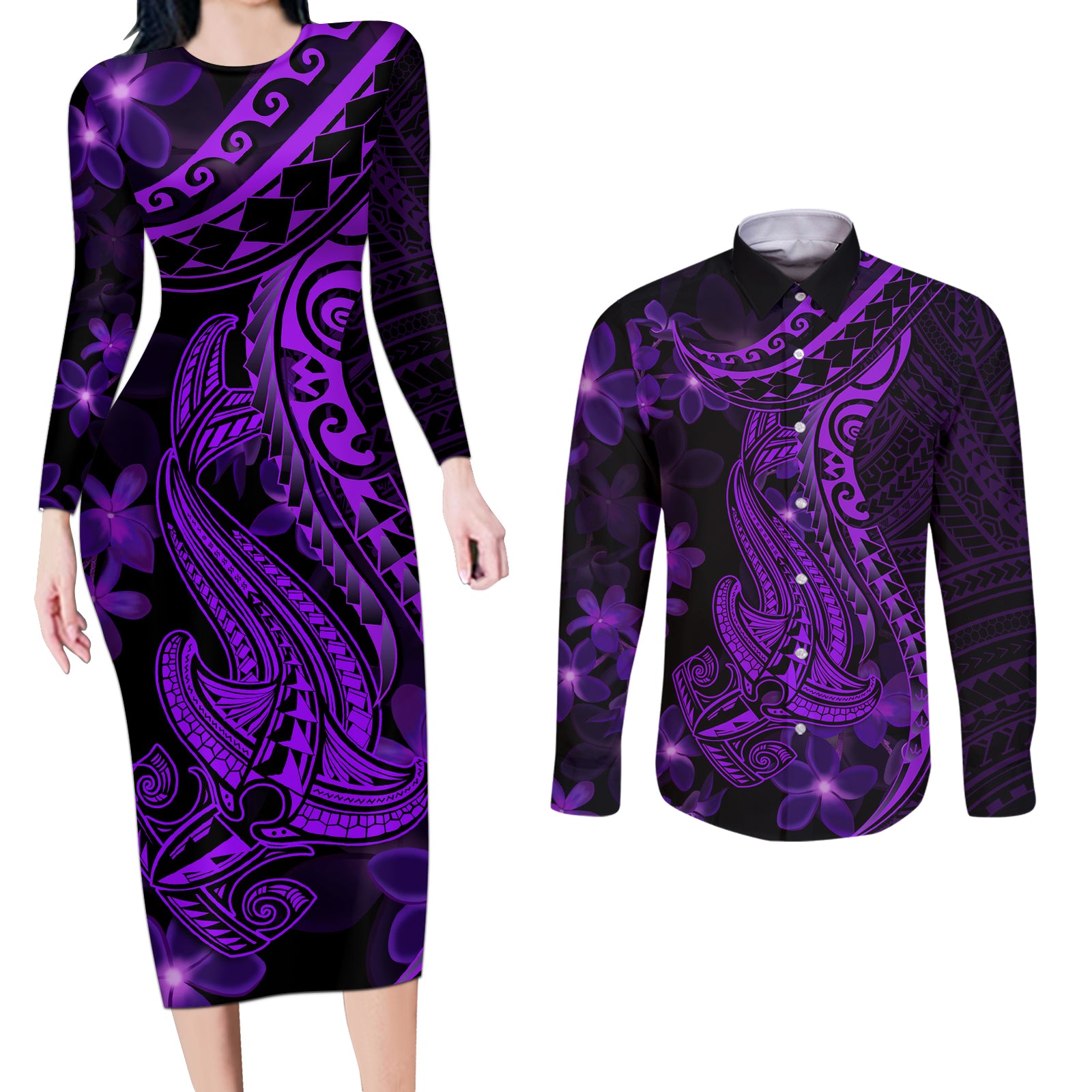 Purple Polynesia Shark Tattoo Couples Matching Long Sleeve Bodycon Dress and Long Sleeve Button Shirt With Polynesian Plumeria LT14 Purple - Polynesian Pride