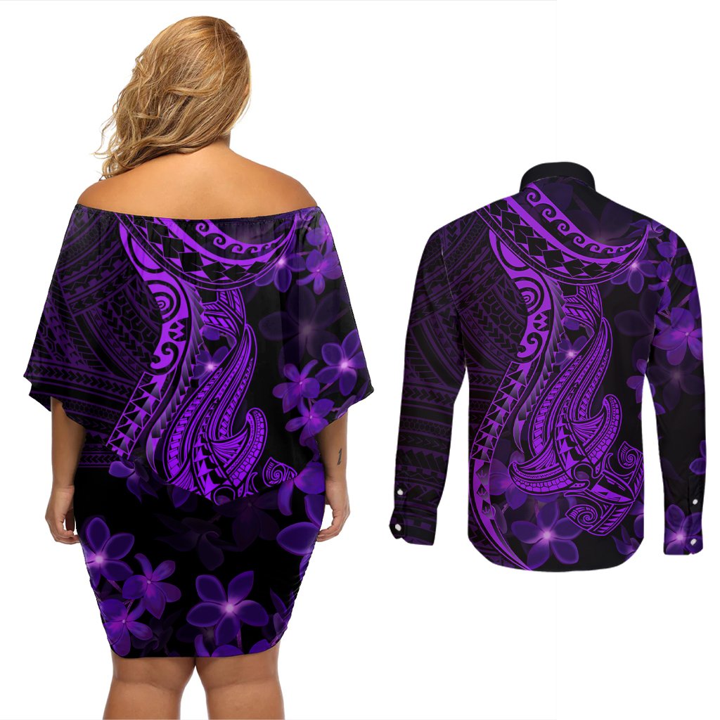 Purple Polynesia Shark Tattoo Couples Matching Off Shoulder Short Dress and Long Sleeve Button Shirt With Polynesian Plumeria LT14 - Polynesian Pride