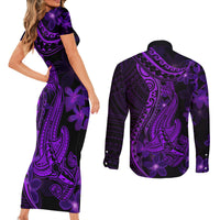 Purple Polynesia Shark Tattoo Couples Matching Short Sleeve Bodycon Dress and Long Sleeve Button Shirt With Polynesian Plumeria LT14 - Polynesian Pride