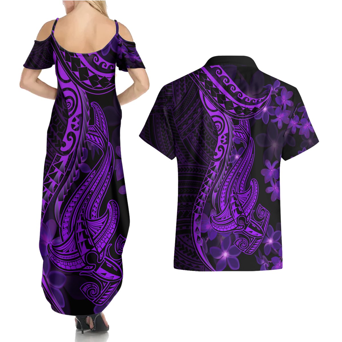 Purple Polynesia Shark Tattoo Couples Matching Summer Maxi Dress and Hawaiian Shirt With Polynesian Plumeria LT14 - Polynesian Pride