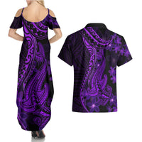 Purple Polynesia Shark Tattoo Couples Matching Summer Maxi Dress and Hawaiian Shirt With Polynesian Plumeria LT14 - Polynesian Pride