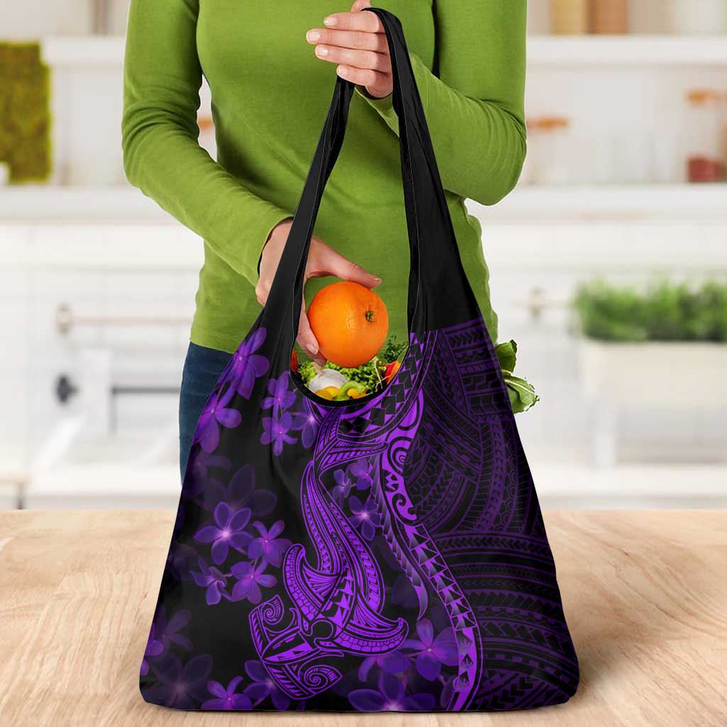 Purple Polynesia Shark Tattoo Grocery Bag With Polynesian Plumeria