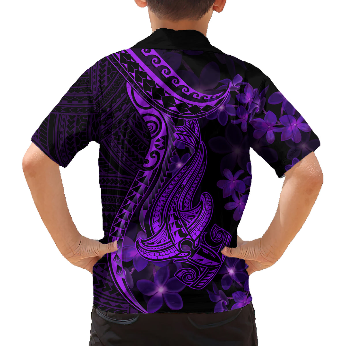 Purple Polynesia Shark Tattoo Kid Hawaiian Shirt With Polynesian Plumeria LT14 - Polynesian Pride