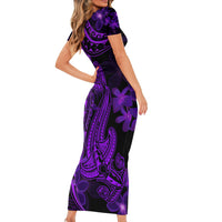Purple Polynesia Shark Tattoo Short Sleeve Bodycon Dress With Polynesian Plumeria LT14 - Polynesian Pride