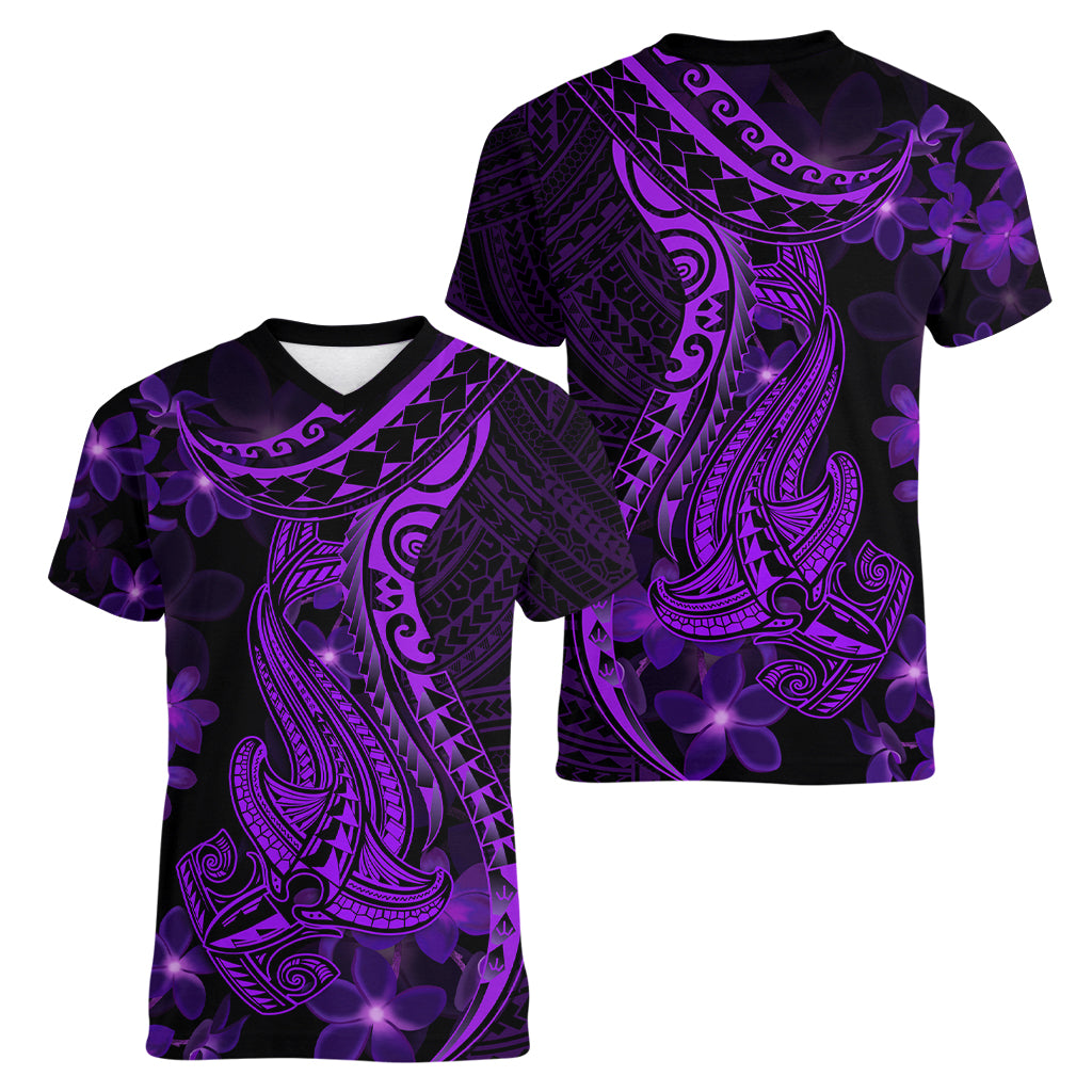 Purple Polynesia Shark Tattoo Women V Neck T Shirt With Polynesian Plumeria LT14 - Polynesian Pride