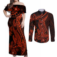 Red Polynesia Couples Matching Off Shoulder Maxi Dress and Long Sleeve Button Shirt Shark Tattoo With Polynesian Plumeria LT14 Red - Polynesian Pride