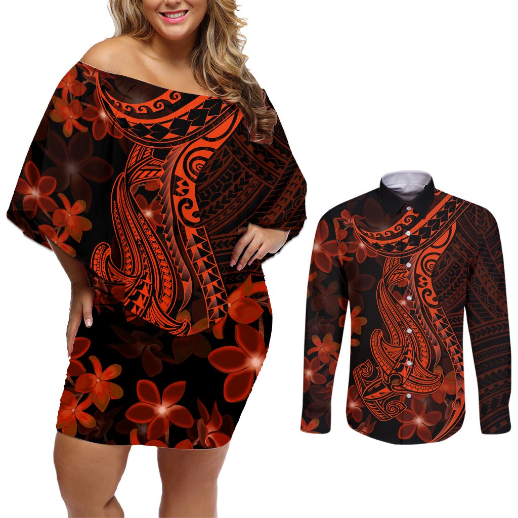 Red Polynesia Couples Matching Off Shoulder Short Dress and Long Sleeve Button Shirt Shark Tattoo With Polynesian Plumeria LT14 Red - Polynesian Pride