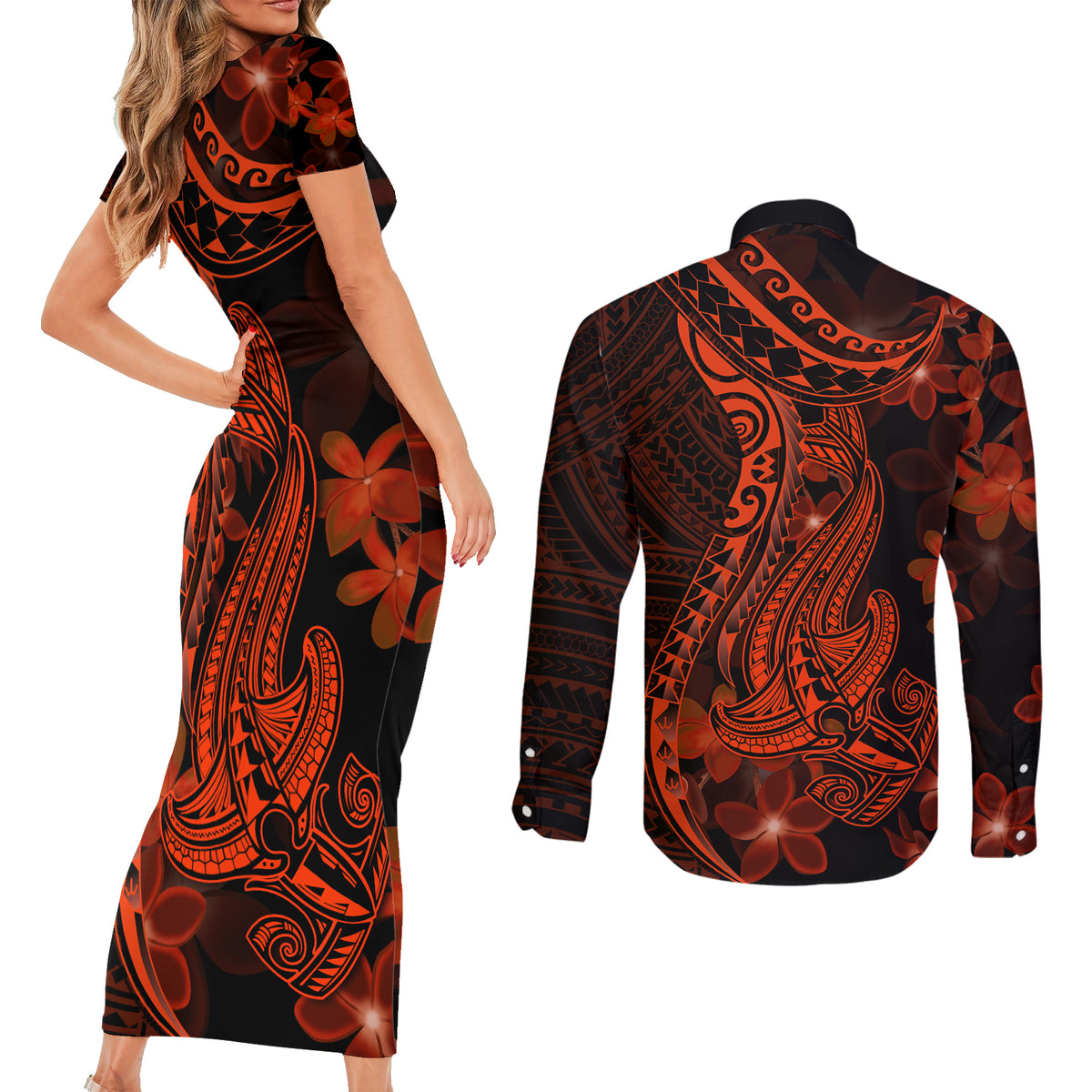 Red Polynesia Couples Matching Short Sleeve Bodycon Dress and Long Sleeve Button Shirt Shark Tattoo With Polynesian Plumeria LT14 - Polynesian Pride