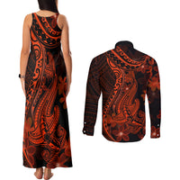 Red Polynesia Couples Matching Tank Maxi Dress and Long Sleeve Button Shirt Shark Tattoo With Polynesian Plumeria LT14 - Polynesian Pride