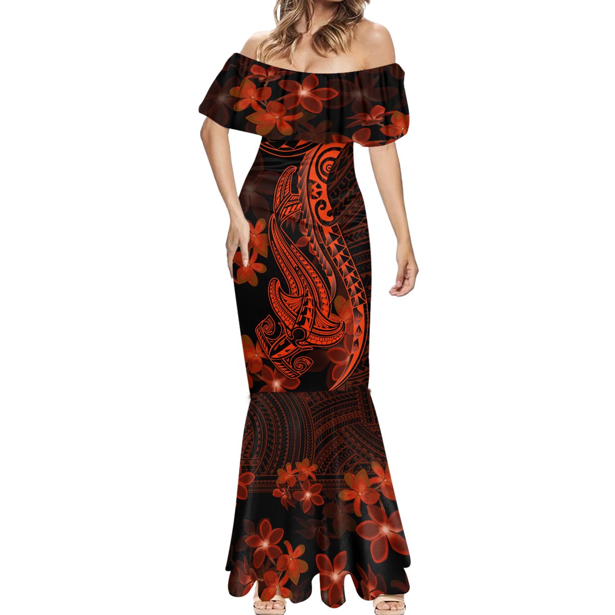 Red Polynesia Mermaid Dress Shark Tattoo With Polynesian Plumeria LT14 - Polynesian Pride