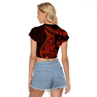 Red Polynesia Raglan Cropped T Shirt Shark Tattoo With Polynesian Plumeria LT14 - Polynesian Pride
