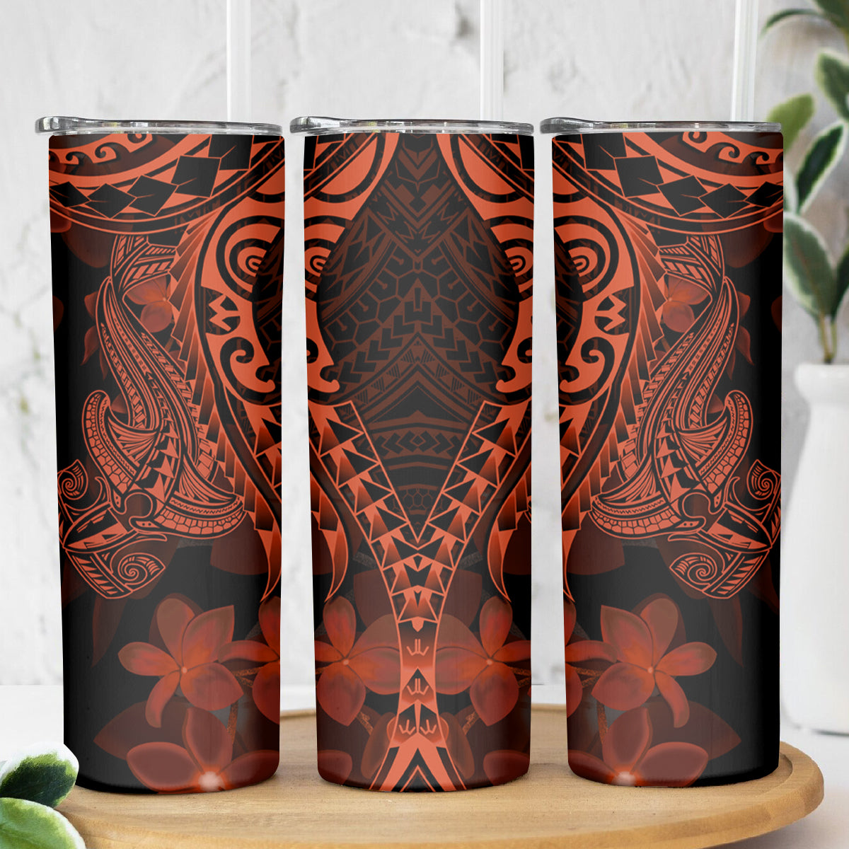 Red Polynesia Skinny Tumbler Shark Tattoo With Polynesian Plumeria LT14 - Polynesian Pride