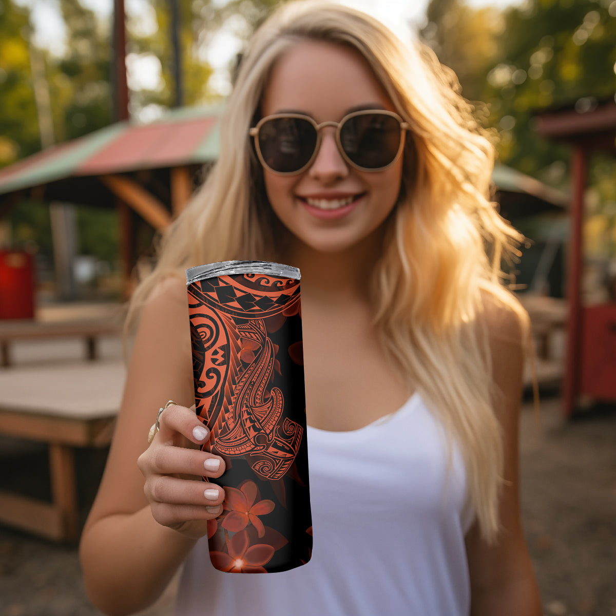 Red Polynesia Skinny Tumbler Shark Tattoo With Polynesian Plumeria LT14 - Polynesian Pride