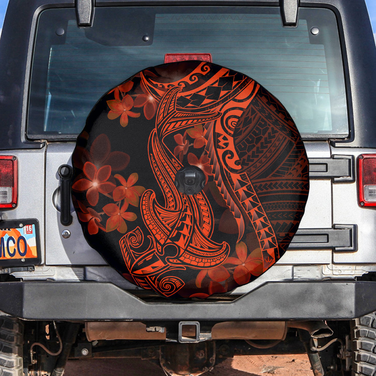 Red Polynesia Spare Tire Cover Shark Tattoo With Polynesian Plumeria LT14 - Polynesian Pride