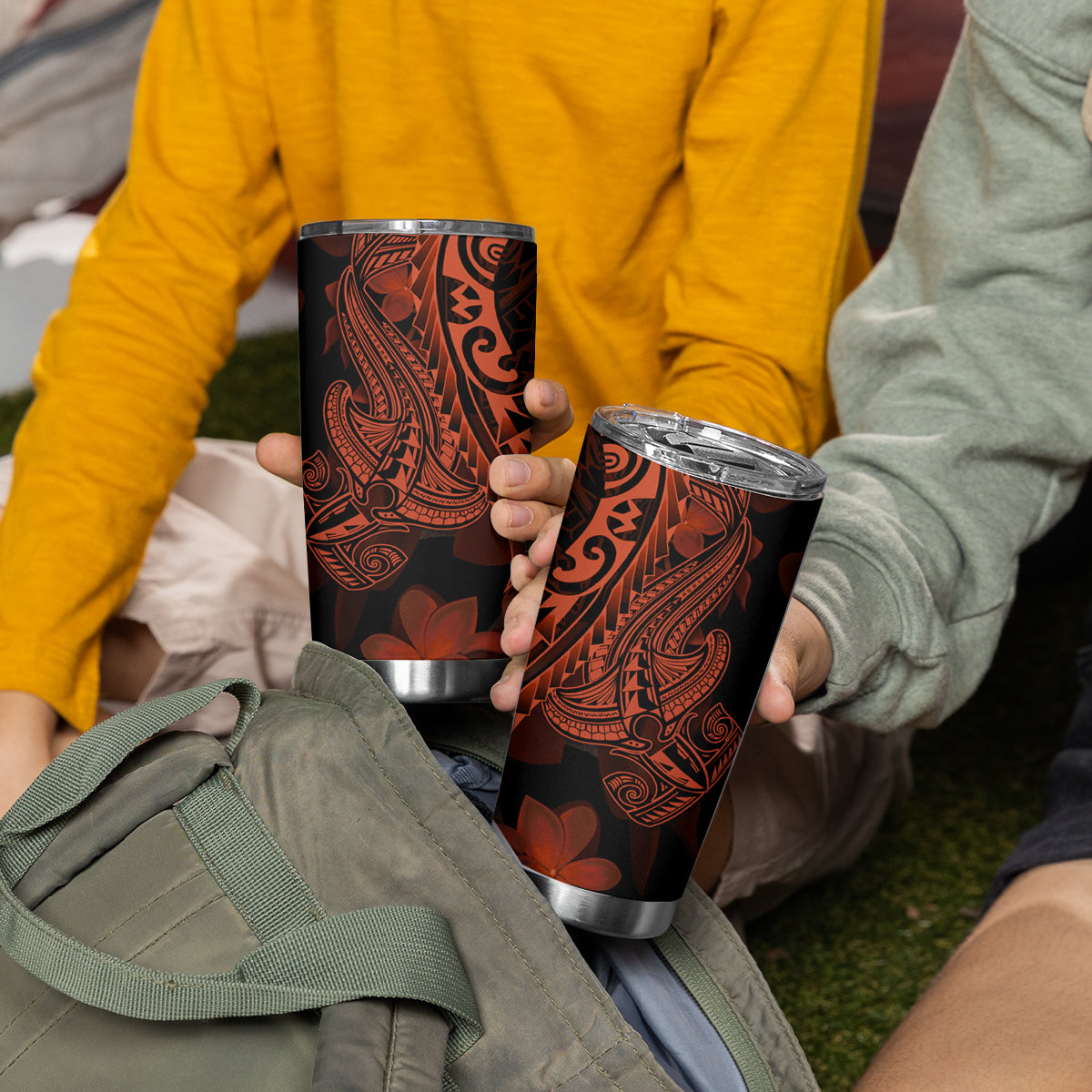 Red Polynesia Tumbler Cup Shark Tattoo With Polynesian Plumeria