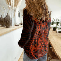 Red Polynesia Women Casual Shirt Shark Tattoo With Polynesian Plumeria LT14 - Polynesian Pride
